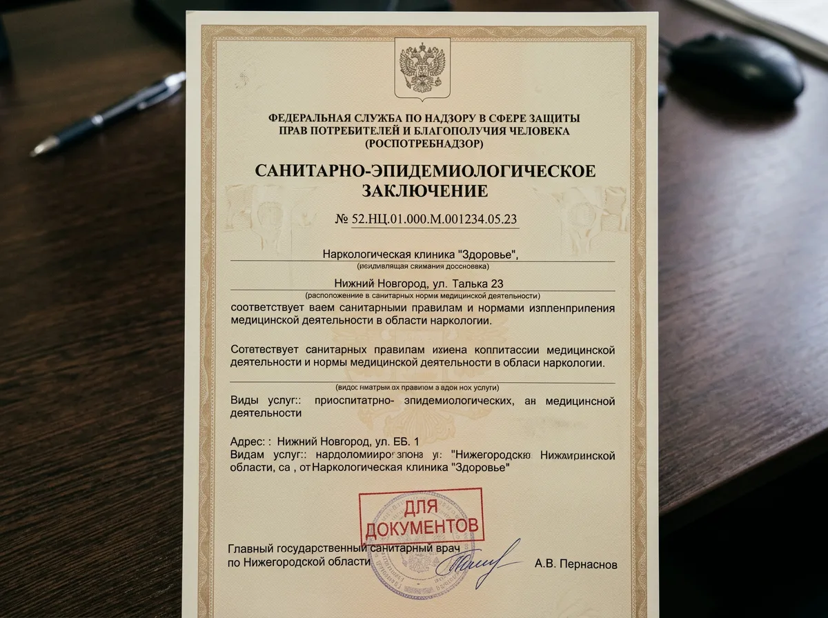 Санитарно-эпидемиологическое заключение Роспотребнадзора для наркологической клиники в Нижнем Новгороде, документ с государственной символикой и номером заключения