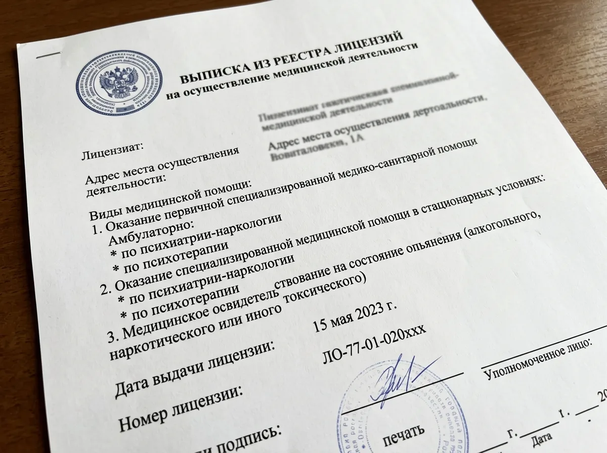 Выписка из реестра лицензий Росздравнадзора на наркологическую деятельность, лист первый с перечнем лицензируемых видов медицинской помощи